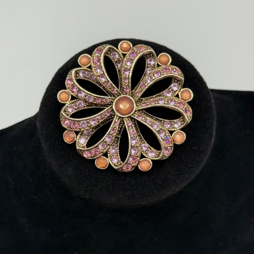 Liz Claiborne Vintage-Style Floral Brooch Pink Rhinestones Statement Pin